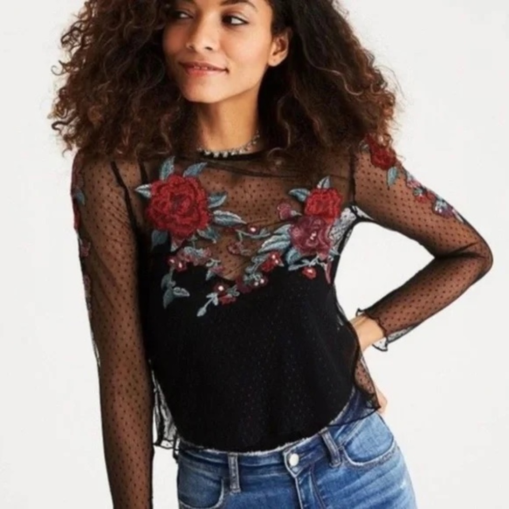 American Eagle Mesh Embroidered Top, S